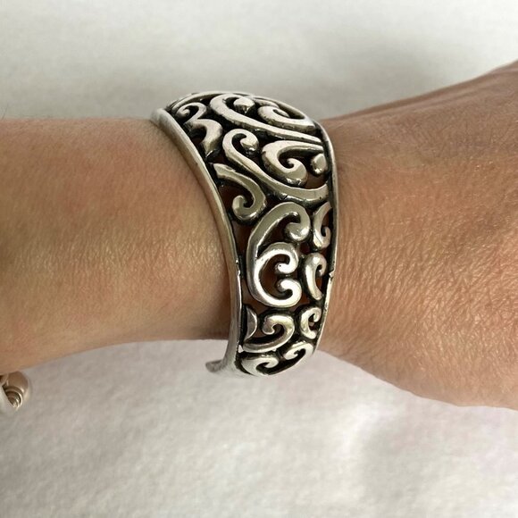 Sterling Silver 925 Chunky Openwork Scrollwork Wide Cuff Bracelet Sz 6" 36g - Picture 4 of 16